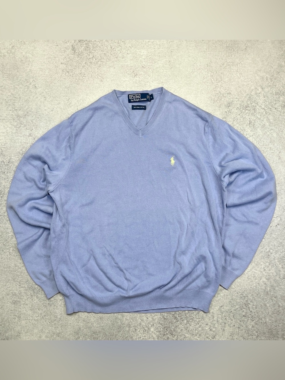 Vintage Polo Ralph Lauren Light Blue Yellow Pony Pima Cotton V-neck Knit Sweater